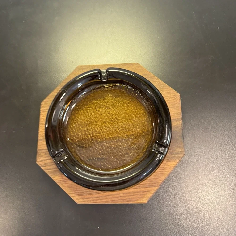 Vintage Amber Glass Ashtray Octagon Wood Base  Cigar /‎ Cigarette